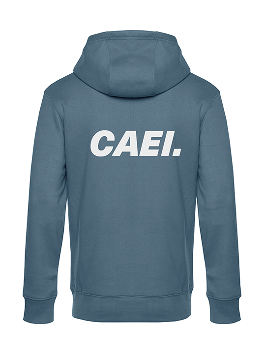 Sudadera capucha unisex azul nórdico espalda vielha baqueira caei valle de aran